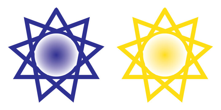 Bahai vector icon set. nine pointed Baha sign. Persian star icon in black and blue color.