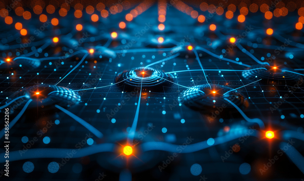 Poster futuristic high-tech network, blue background with glowing orange nodes and connecting lines, 3d ren