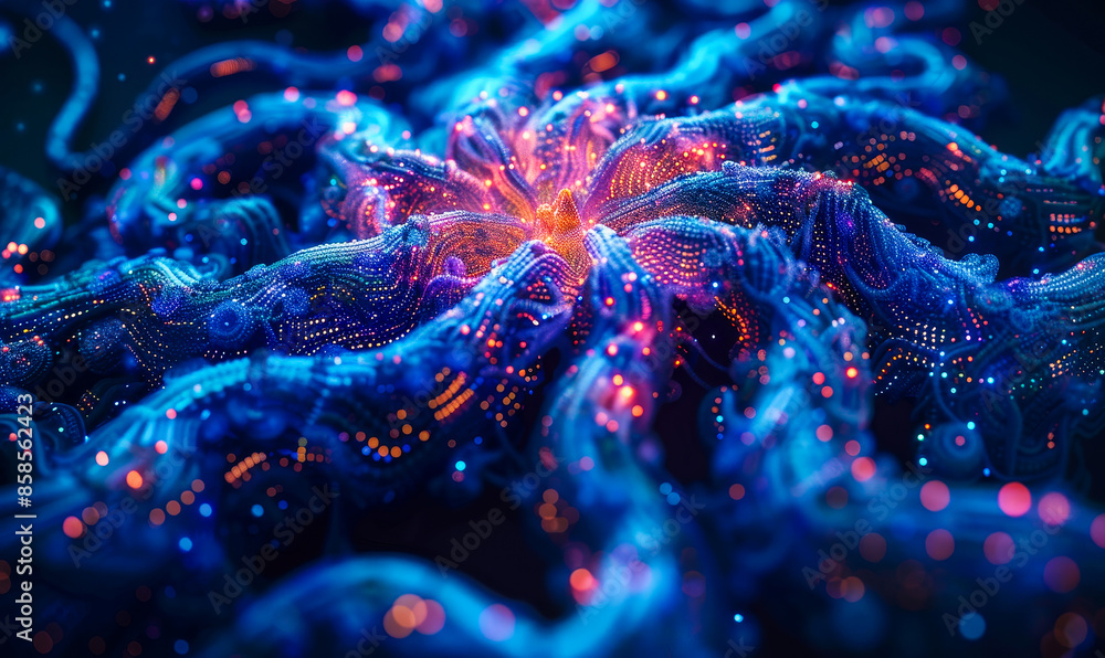 Poster futuristic neural network with glowing bioluminescence depicting direct brain and ai interface at ni