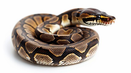 Obraz premium Close-up of a coiled ball python on a white background, detailed view. Exotic pet and reptile concept
