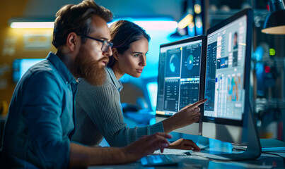 Creative Mobile App Designers Collaborate in Modern Office Space, Testing New Features on Personal Computer in Evening