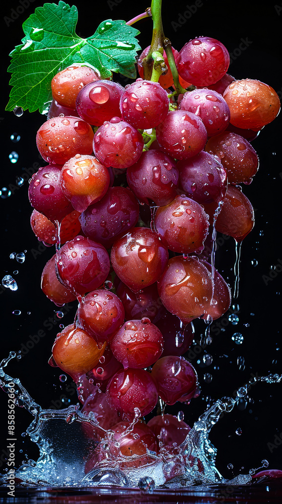 Poster fresh red grapes in water splash isolated on black background - dynamic and refreshing concept for f