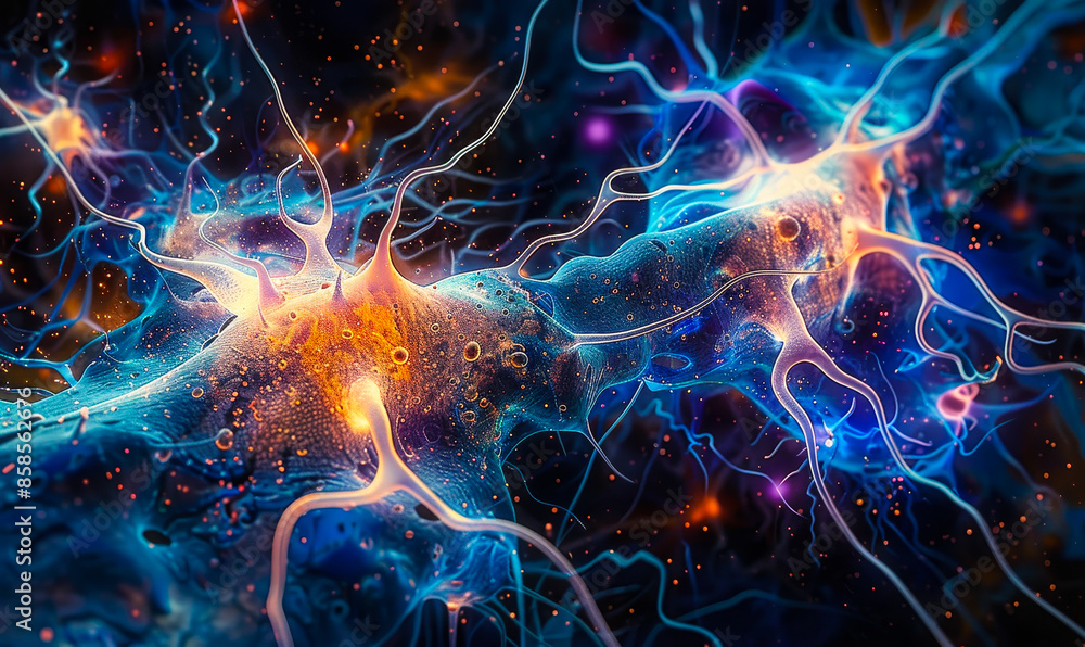 Poster vibrant neuron network close-up illuminated with intertwining dendrites in neural connectivity, brai