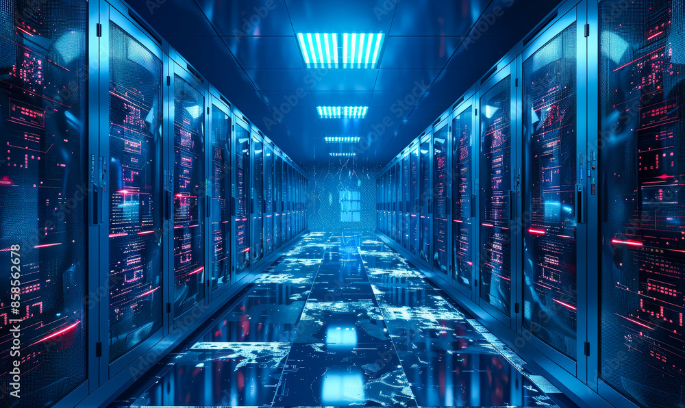 Aufkleber futuristic data center with glowing servers in blue light, advanced cloud computing technology, digi