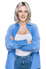 Young blonde girl wearing casual clothes happy face smiling with crossed arms looking at the camera. positive person.