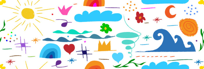 Crayon brush underline color stroke. Drawn with a colored wax pencil. Seamless children's pattern.