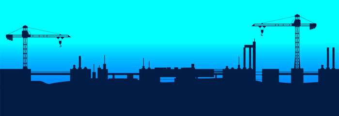 Obraz premium A huge construction with a tower crane. Vector drawing.