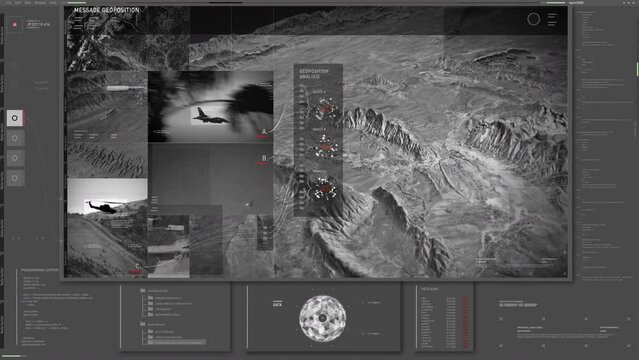 Computer screen broadcasting military operation panel. Computer operation panel is gathering information about enemy coordinates. Computer operation panel locating the position of the military base.