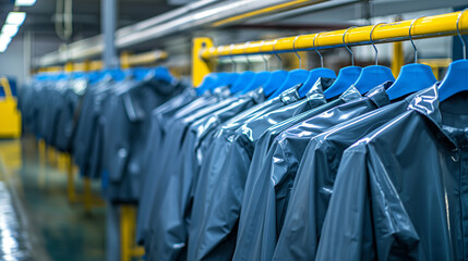Fototapeta premium Protective suits hanging from clothes rack in garment factory