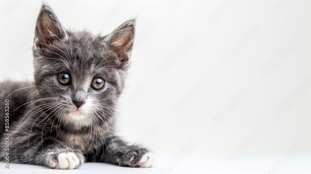 Poster adorable gray kitten with white paws isolated on white background playful and curious perfect for co