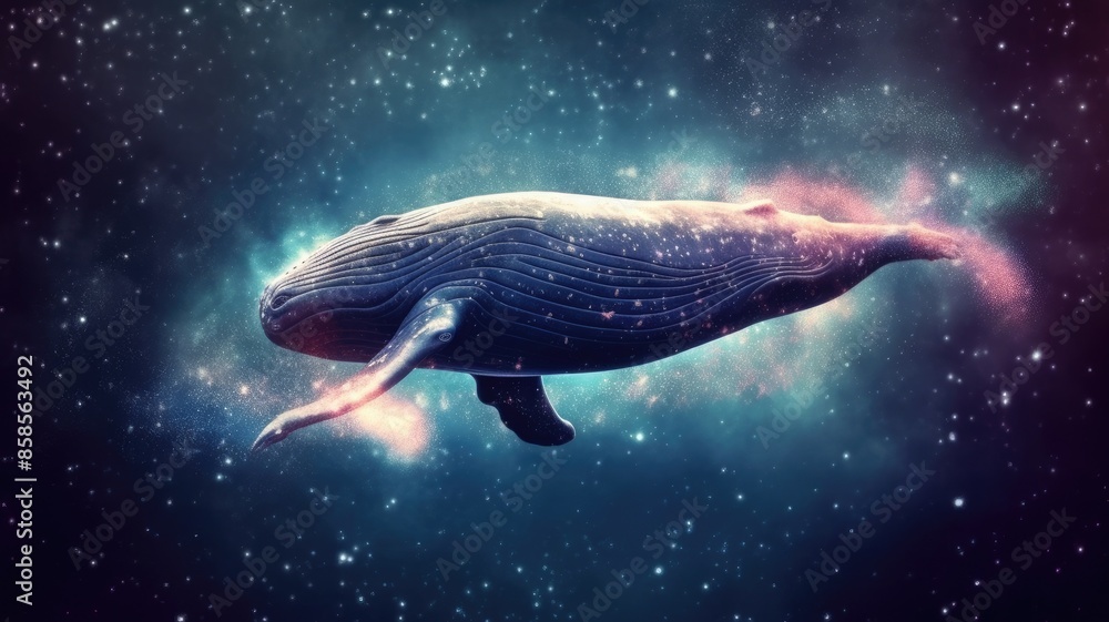 Poster surreal art design of a whale floating in space with a cosmic background and starry sky. digital art