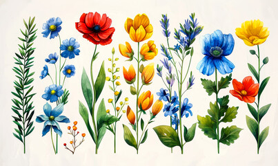 Spring Floral Illustration with Colorful Wildflowers and Plants, Botanical Art Print for Seasonal Decor and Design Elements, Vibrant Nature Inspired Pattern, Flower Arrangement for Springtime Themes