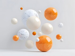 A stunning abstract composition featuring a cluster of floating spheres in various sizes and colors. The spheres are predominantly white, orange, and speckled with earthy tones