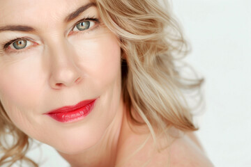 Naklejka premium Aged 50, beautiful woman highlighting facial skincare and anti-aging product concepts
