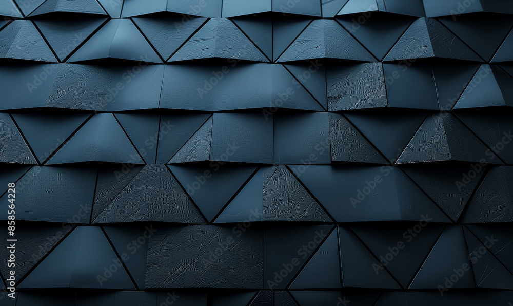 Poster futuristic high-tech wall with 3d triangular tile pattern in dark setting, conceptual design for mod