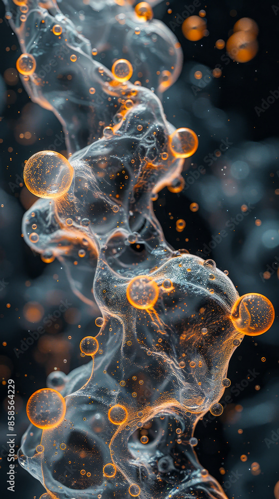 Poster dynamic protein molecule formation in 3d rendering with glowing orange and transparent elements depi