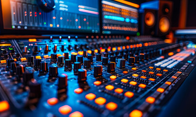 Vibrant Modern Music Record Studio Control Desk with DAW Software and Professional Mixing Equipment, Evening Setting, Creative Audio Production Environment