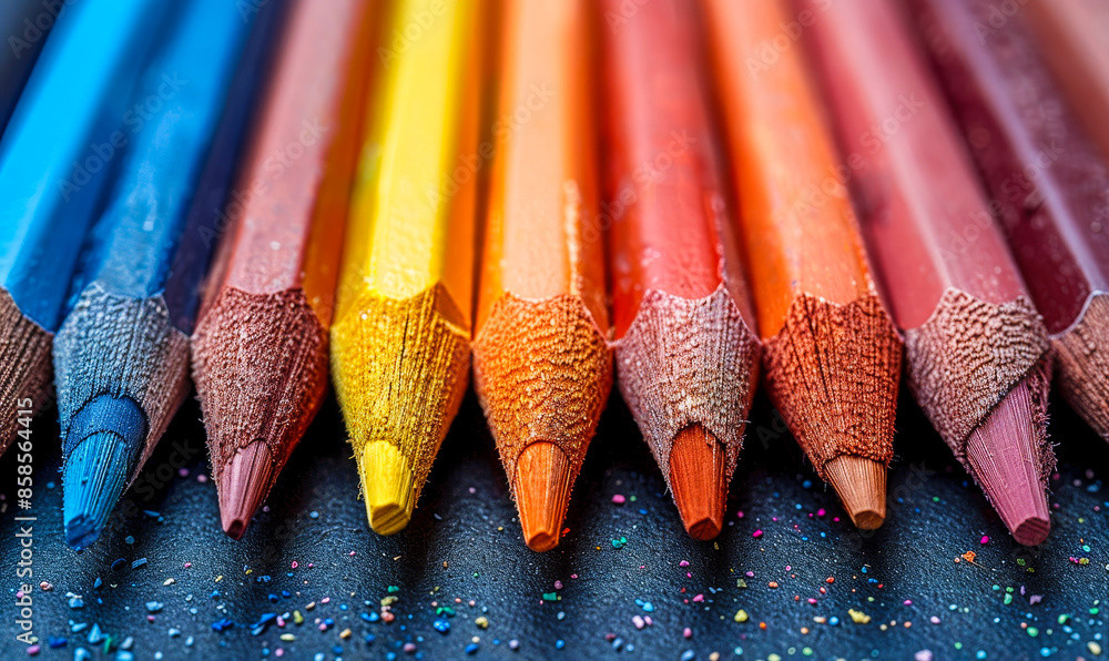 Poster close-up of colorful pencils in a row with multicolored shavings on dark surface, perfect for art an