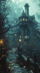 Fototapeta premium Foggy Haunted Mansion with Eerie Pathway and Old Lanterns on Spooky Night