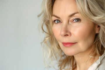 50 year old woman, beautiful and mature, showcasing facial skincare and anti-aging concepts