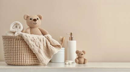 Baby themed knitted basket with bath products and toy bear on white table against beige backdrop Room for text