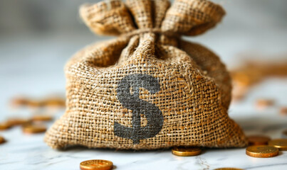 Burlap Money Bag with Euro Symbol Filled with Coins, Isolated on White Background - Concept of Wealth, Savings, and Financial Success