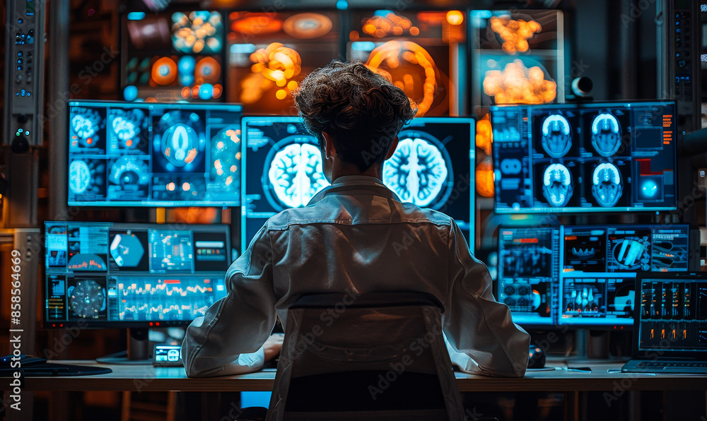 Poster young male computer engineer developing advanced neural network in high-tech office with multiple mo