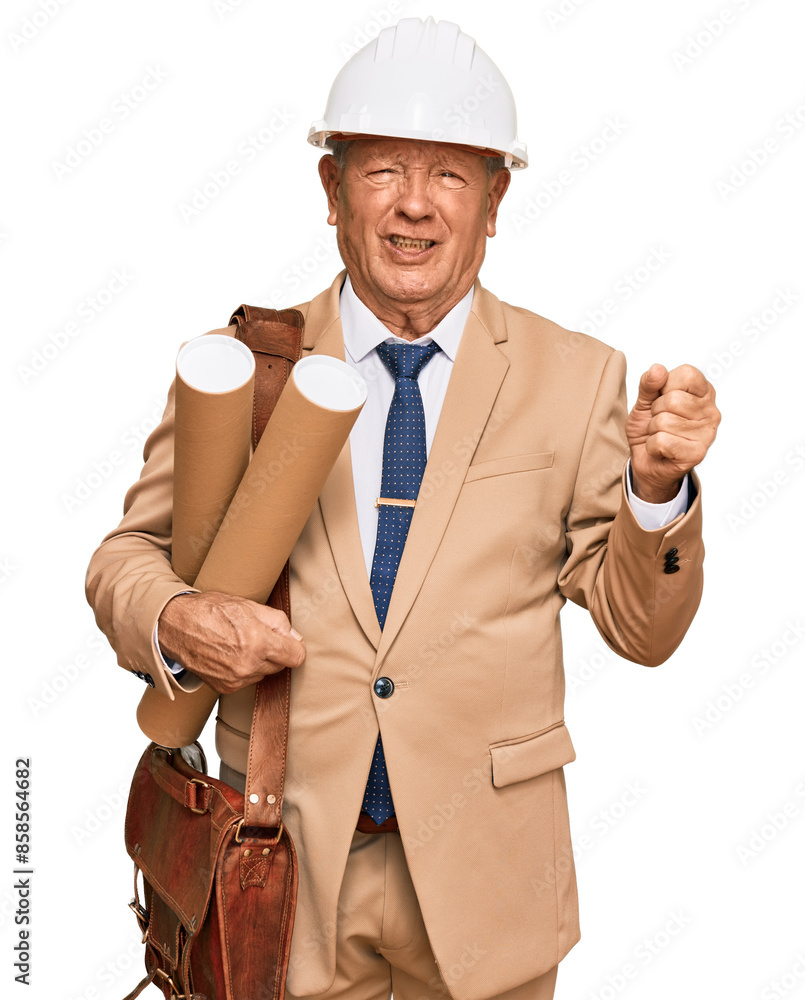 Wall mural Senior caucasian man wearing safety helmet holding blueprints annoyed and frustrated shouting with anger, yelling crazy with anger and hand raised