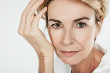 A pretty mature lady showcases natural beauty with healthy facial skin and minimal makeup