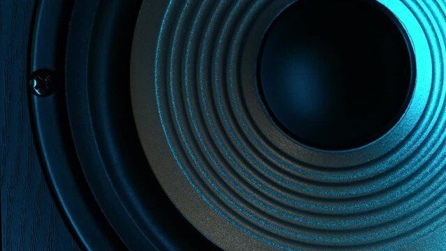 Speaker In Sound System Playing Music, Lit In Blue, Moving