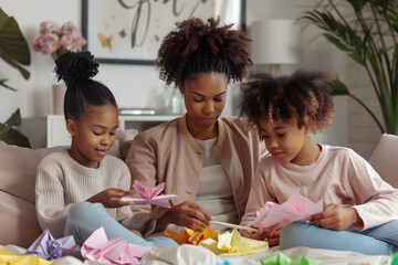 A mother and her daughters making crafts on the couch