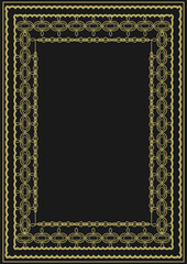 Vintage gold frame A4 format with original ornament in art deco style. Version 7. Black background. Vector illustration