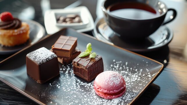 Tea and petit four with chocolate