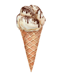 Ice Cream Cone with chocolate topping and sprinkles watercolor hand painted food illustration for menu and package design.
