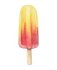 Popsicle Fruit Ice Cream watercolor hand painted food illustration. Yellow and red colorful dessert for menu and package design.