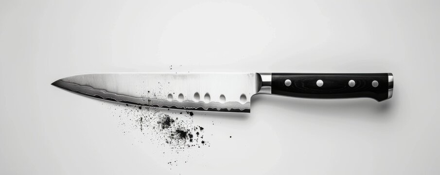 Sharp kitchen knife with black handle and stains, isolated on white background. Perfect for cooking and culinary themes.