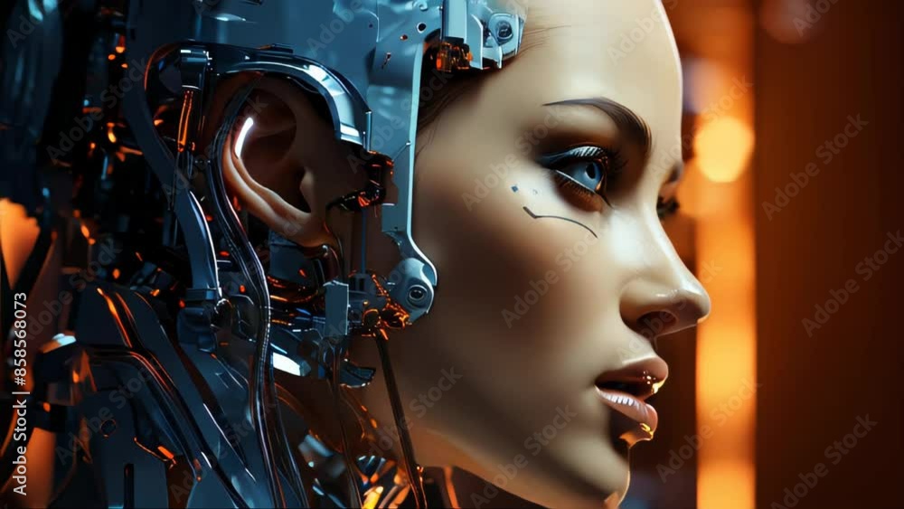 Poster connection of human woman and artificial intelligence robot. the concept of merging a person and a c