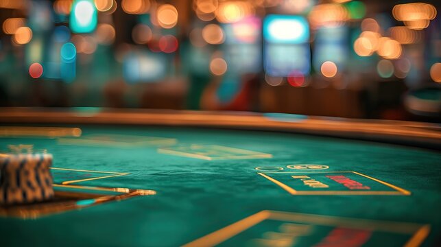 a close up of a empty green table with blurred casino background