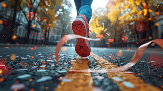 A determined runner crosses the finish line, breaking the ribbon on a city street lined with autumn trees, symbolizing triumph and perseverance in a vibrant, celebratory atmosphere