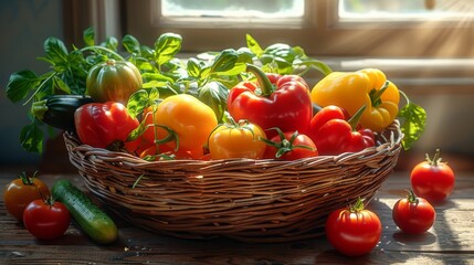 Basket of fresh vegetables on wooden table with sunlight, healthy eating and organic farming concept