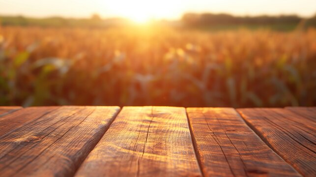 a close up of a rustic empty wooden table with blurred corn field background
