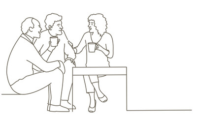 Three people sitting at a table with cups in front of them