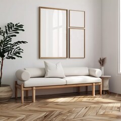 Frame mockup in minimalist decorated interior background wooden floor.