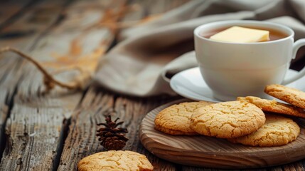 Fototapeta premium Cookies with butter served with tea on a wooden backdrop
