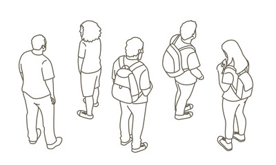 A group of people are walking down a street, each carrying a backpack