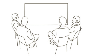 A group of people sit on chairs in front of a white board.