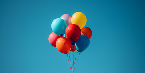 A group of colorful helium balloons in the blue sky