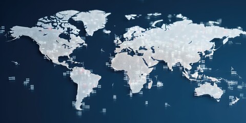 Digital world map with glowing cyber data points on dark blue background. Global connectivity and internet technology concept. Design for network, communication, technology innovation theme. AIG35.