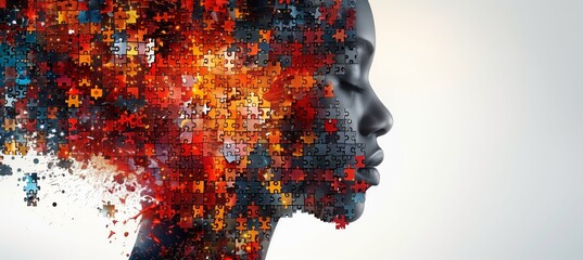 Artistic profile of a woman with puzzle pieces