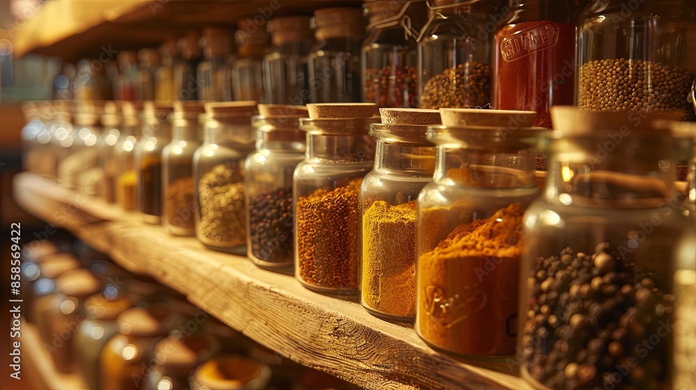 Poster a close-up shot of glass jars filled with various spices neatly arranged on a wooden shelf. the jars